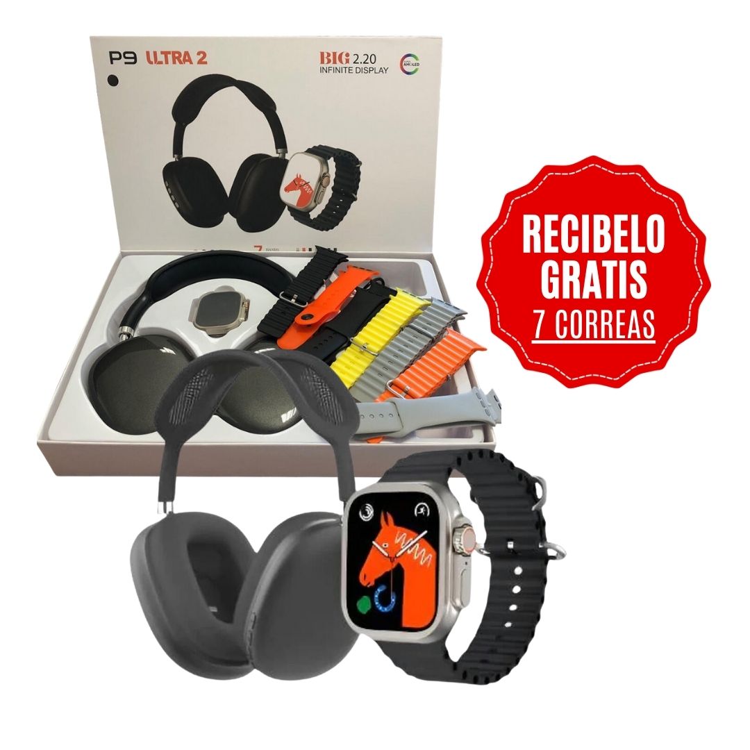 KIT SMARTWATCH P9 ULTRA 2 + AURICULARES + 7 CORREAS