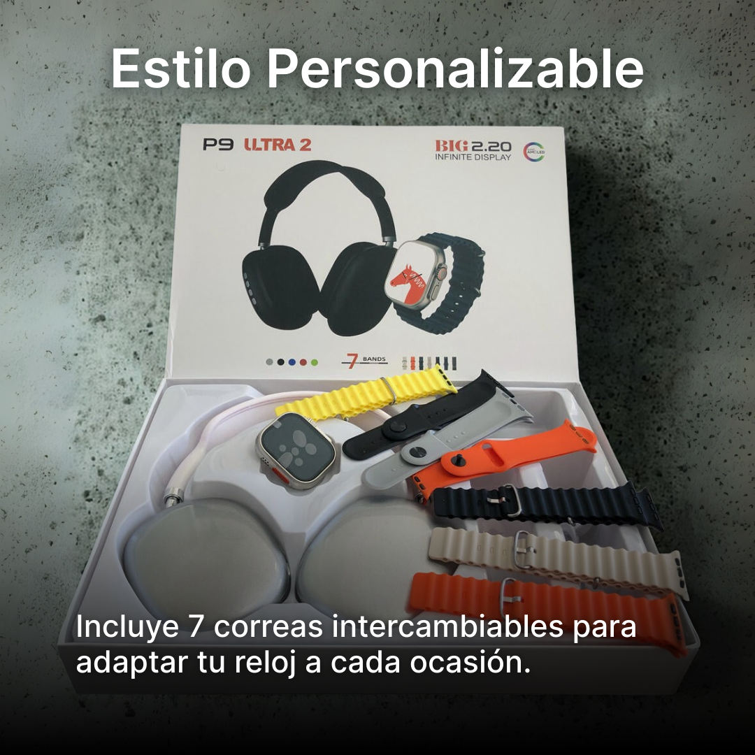 KIT SMARTWATCH P9 ULTRA 2 + AURICULARES + 7 CORREAS