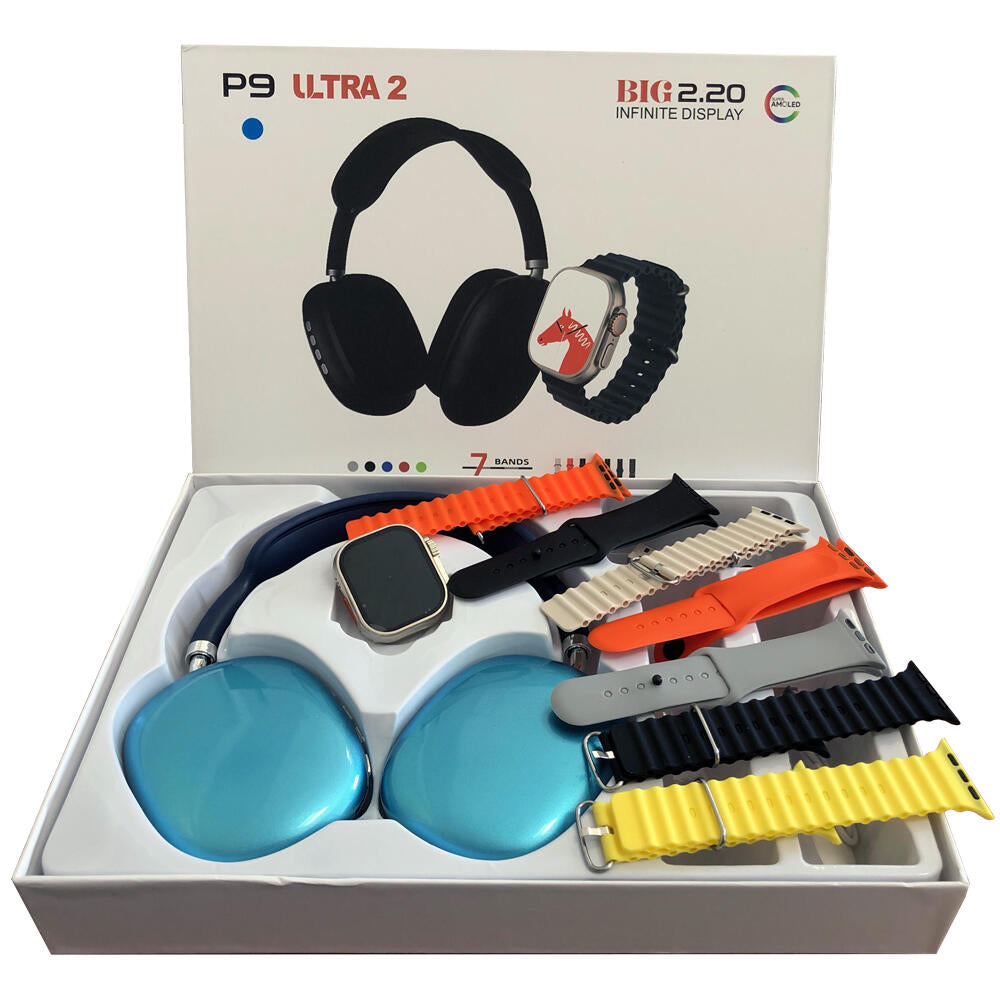 KIT SMARTWATCH P9 ULTRA 2 + AURICULARES + 7 CORREAS